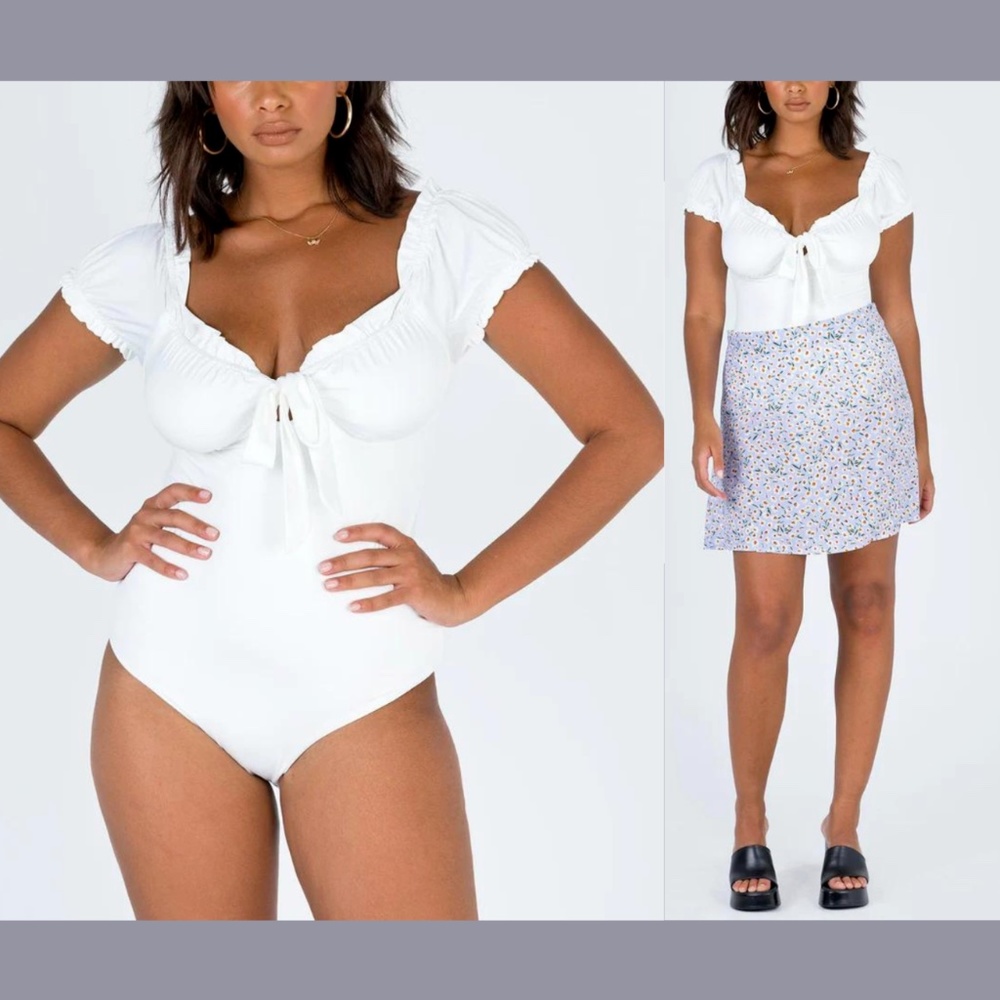 NEW Princess Polly [ 4‎ US ] Ruffle Trim Front Tie Medina Bodysuit White